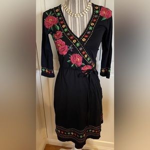 Johnny Was Biya Embroidered Floral Black Soft Dress Euc S